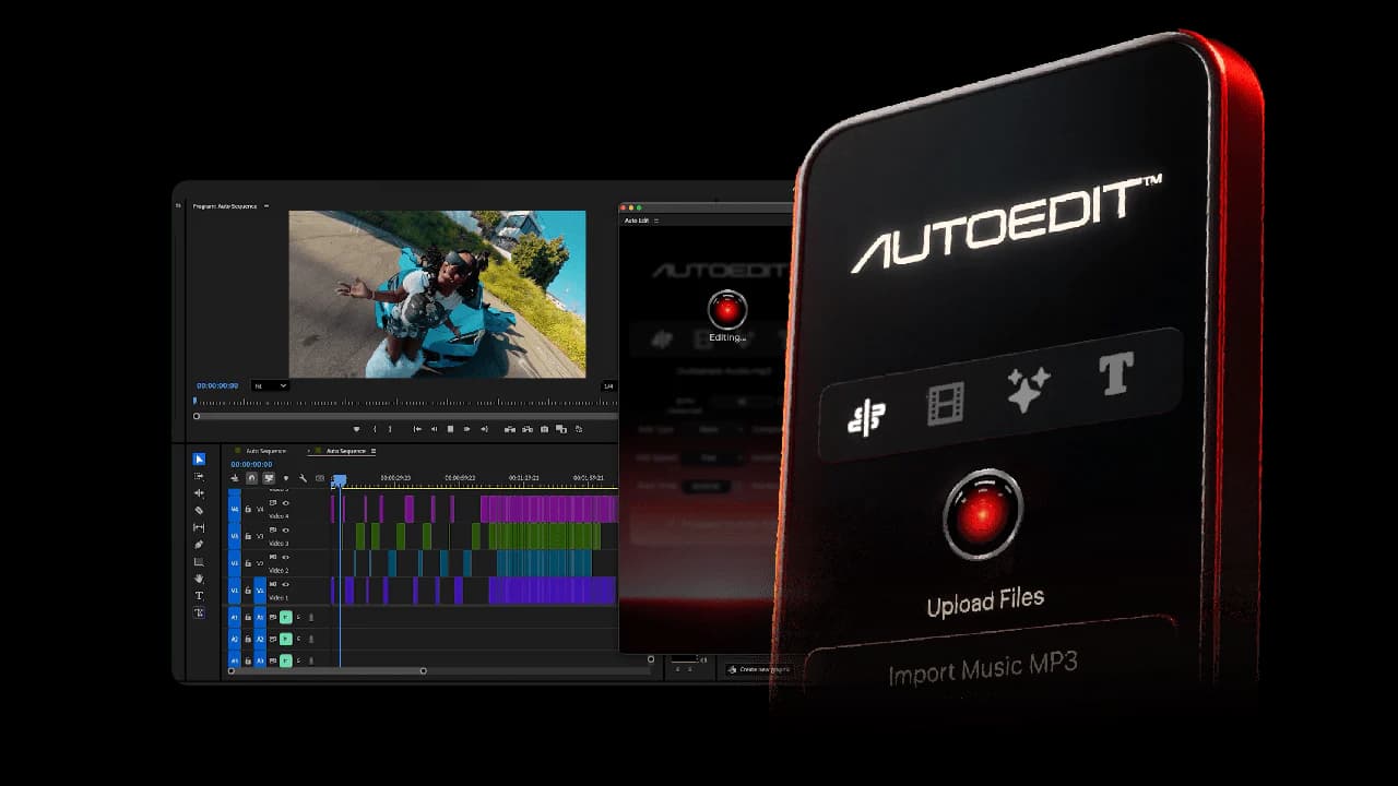 AutoEdit plugin beside its Premiere Pro editing timeline