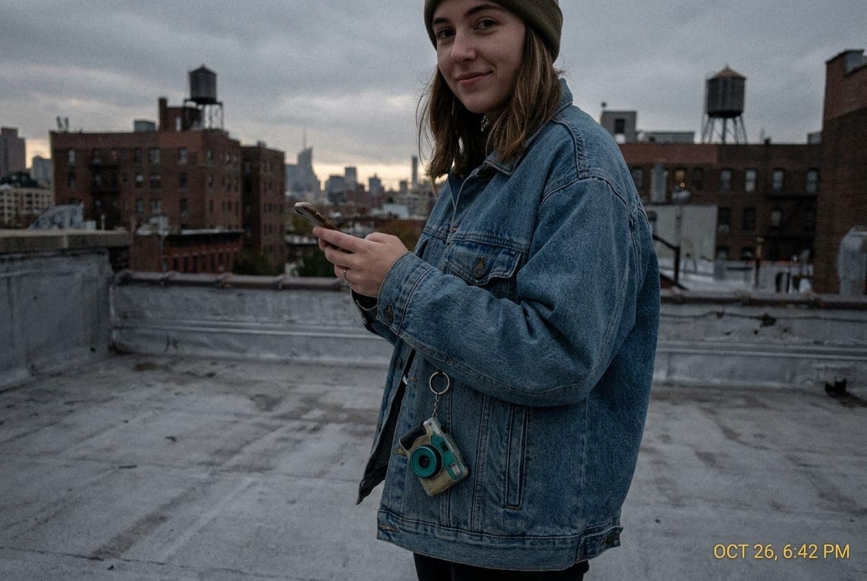 CINX nano camera clipped to a creator's jacket on a city rooftop