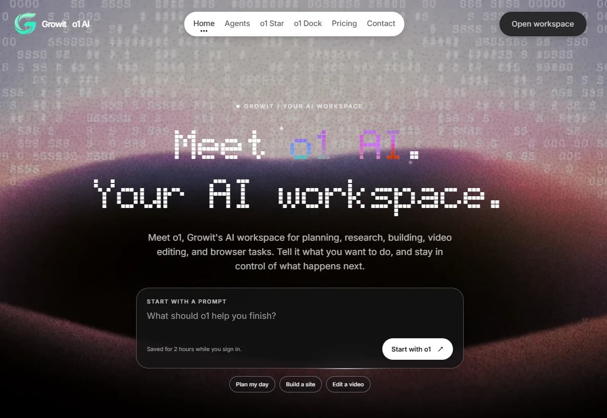 The growit.lol homepage: “Meet o1 AI. Your AI workspace.” with a prompt box