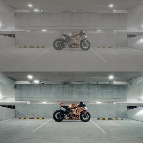 Before and after color grading of a motorcycle in a parking garage