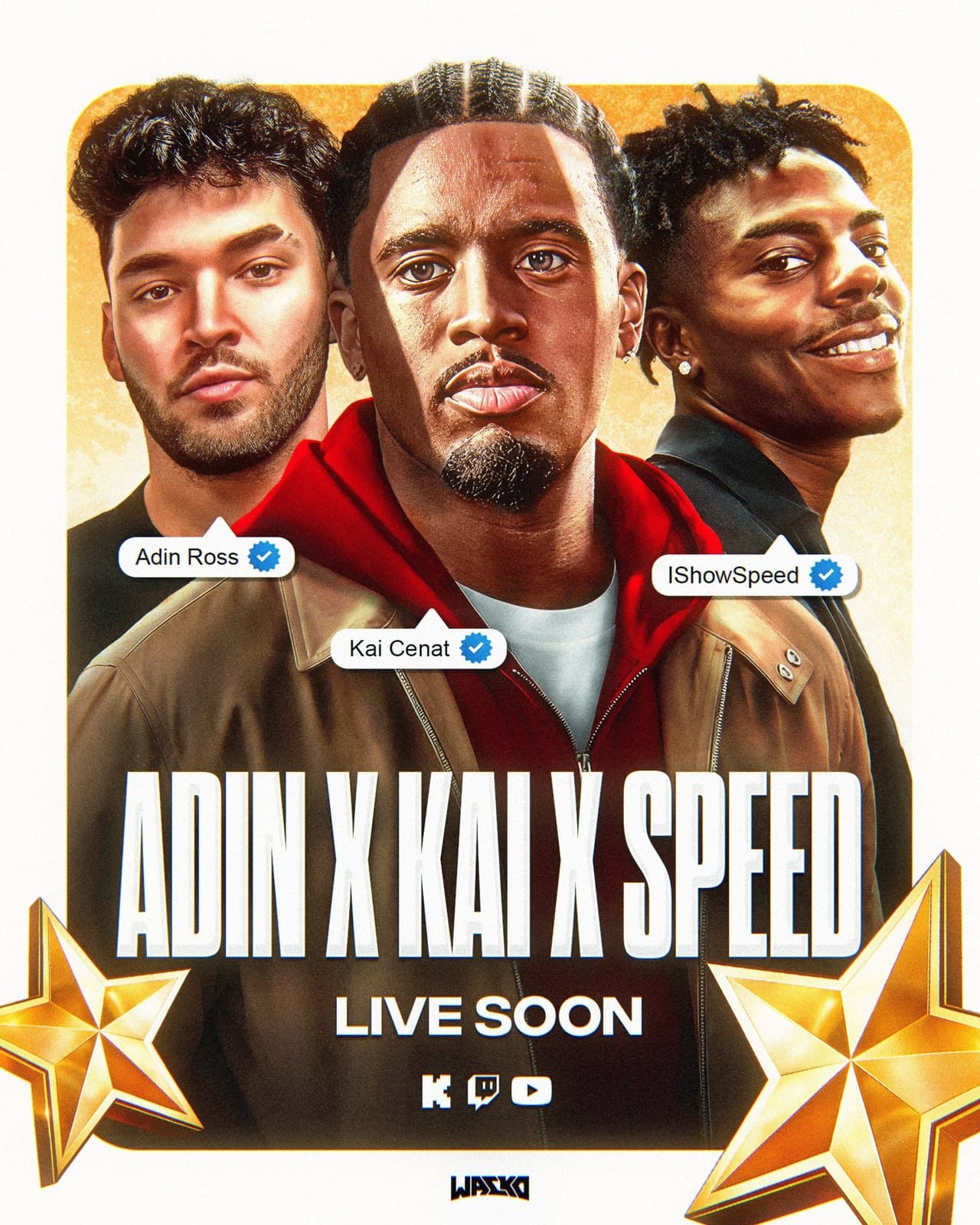Stream poster for an Adin Ross, Kai Cenat, and IShowSpeed collab with gold stars