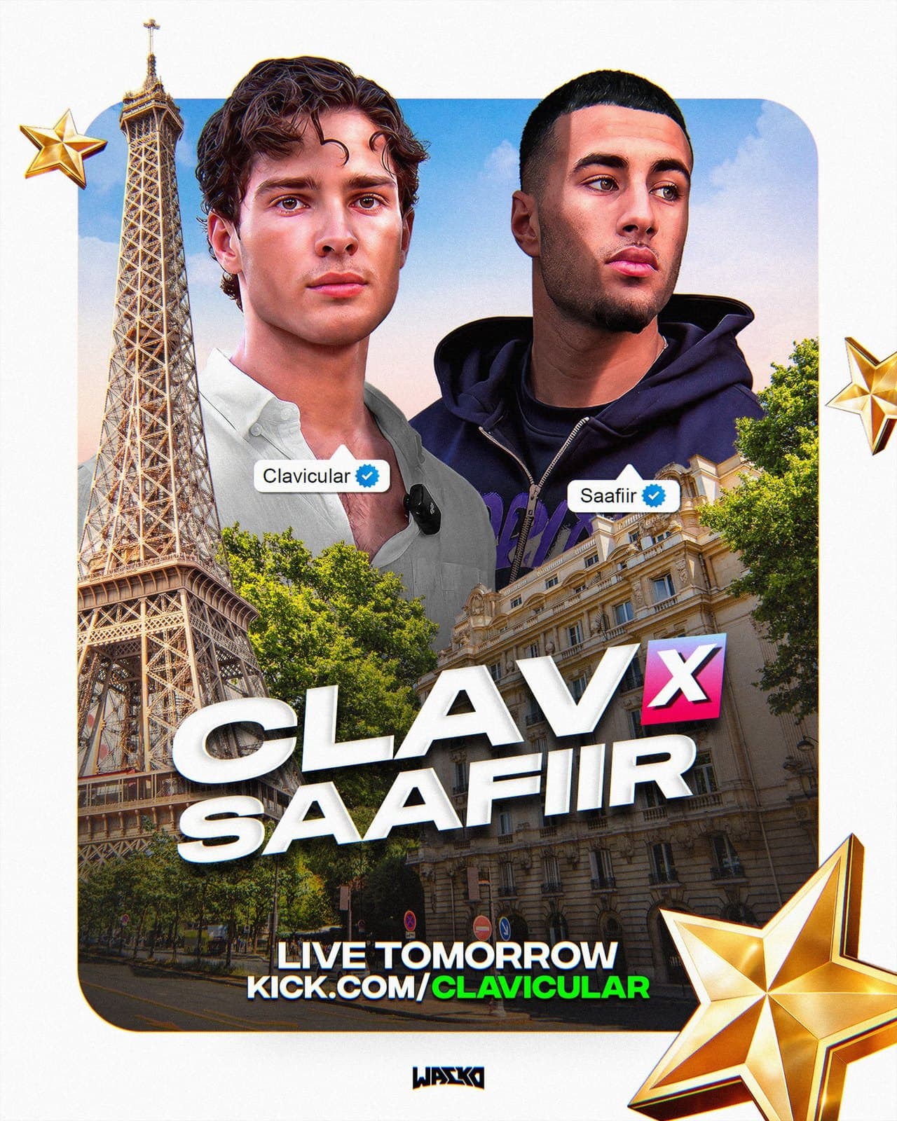 Stream poster for Clavicular and Saafiir in front of the Eiffel Tower