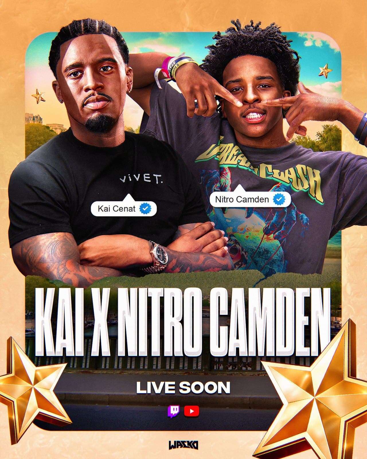 Stream poster for Kai Cenat and Nitro Camden on a warm parchment background