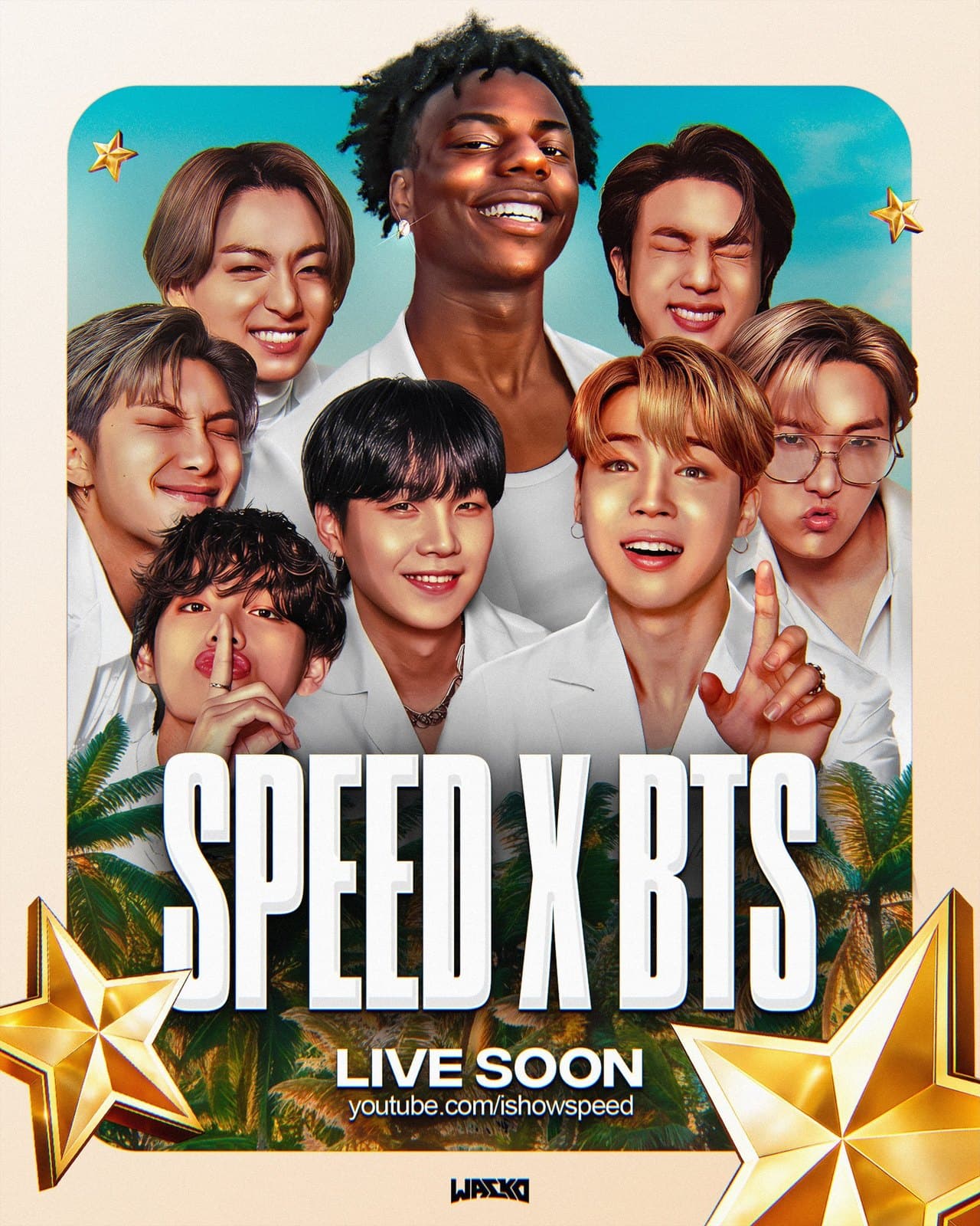Stream poster for IShowSpeed with the seven members of BTS