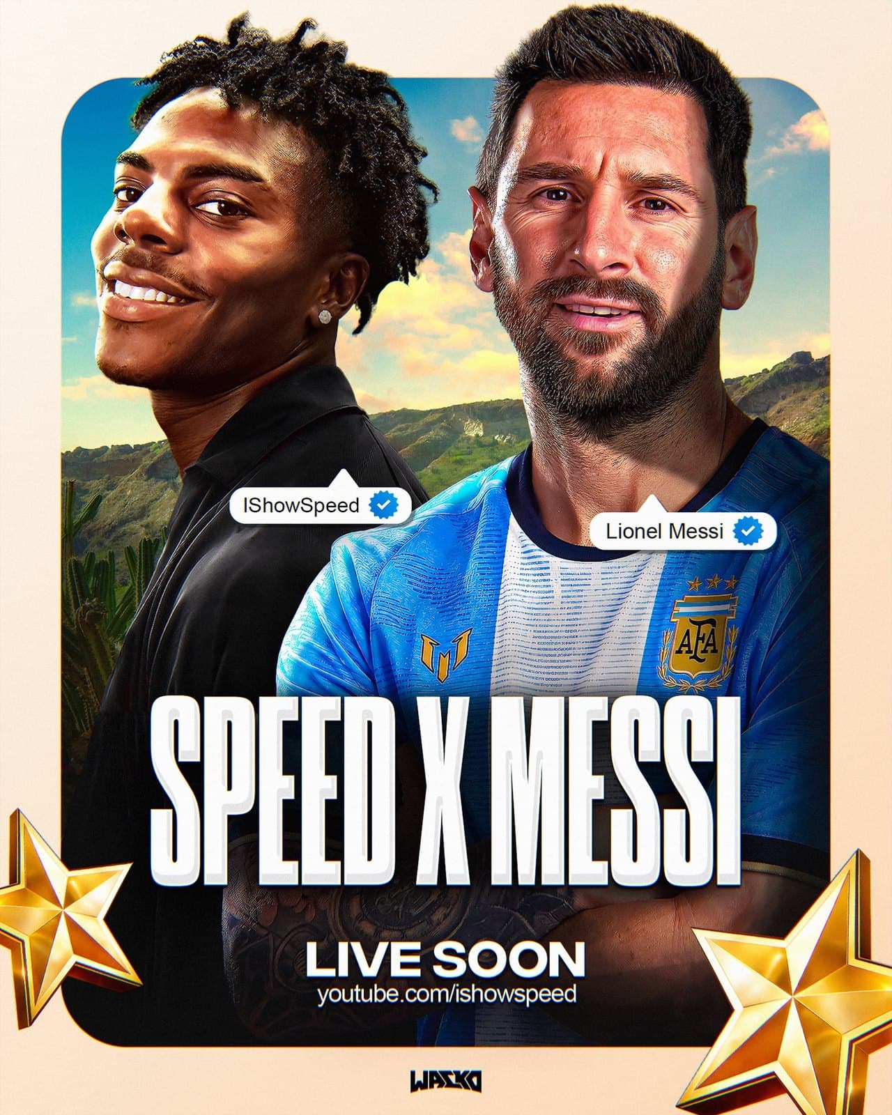 Stream poster for IShowSpeed and Lionel Messi against green hills