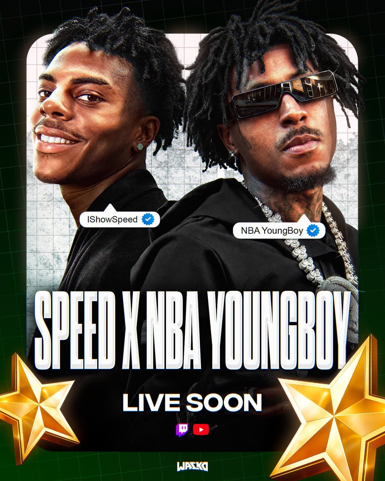 Stream poster for IShowSpeed and NBA YoungBoy on a dark green grid
