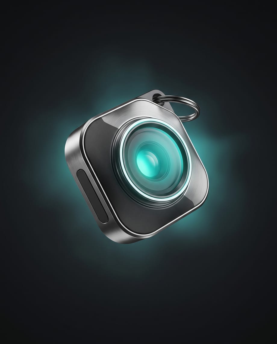 Cinx Nano keychain camera — a chrome miniature camera on a dark backdrop