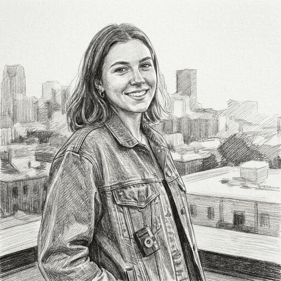 The same creator photo restyled by Cinx AI into a Sketch look