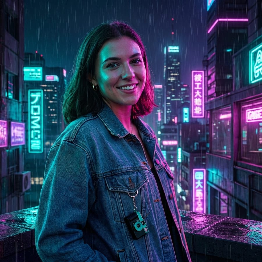 The same creator photo restyled by Cinx AI into a Neon Noir look